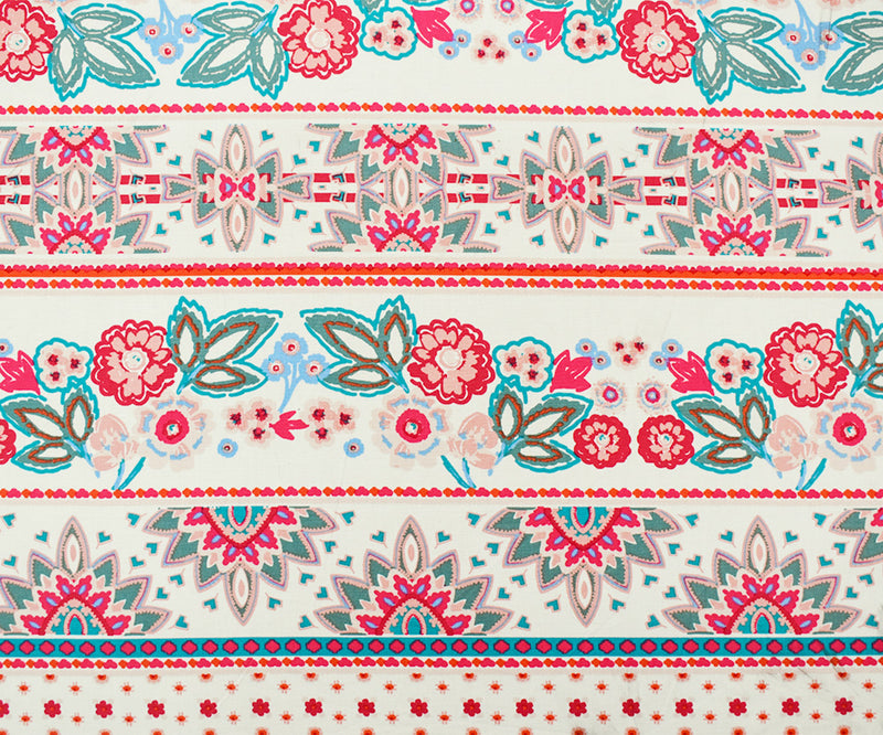 Red-Multi Cotton Stripe Floral Print Stretch Spandex Poplin Woven Fabric