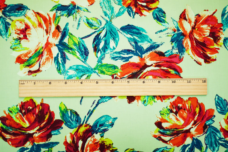 Mint Green-Multi Cotton Floral Print Stretch Spandex Poplin Woven Fabric