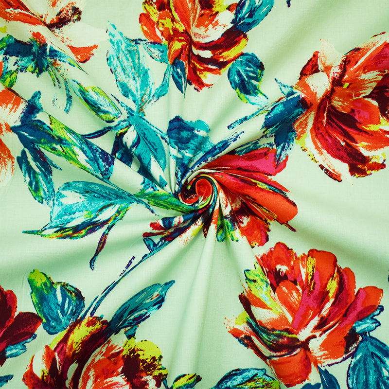 Mint Green-Multi Cotton Floral Print Stretch Spandex Poplin Woven Fabric