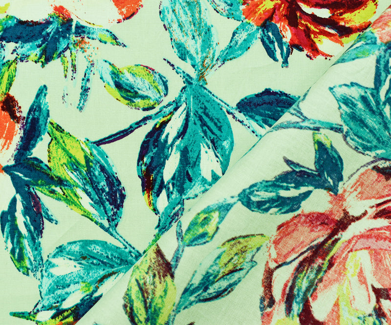 Mint Green-Multi Cotton Floral Print Stretch Spandex Poplin Woven Fabric
