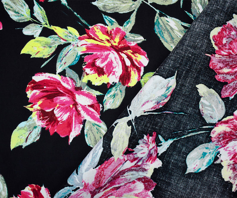 Black-Pink-Multi Cotton Floral Printed Stretch Spandex Poplin Woven Fabric