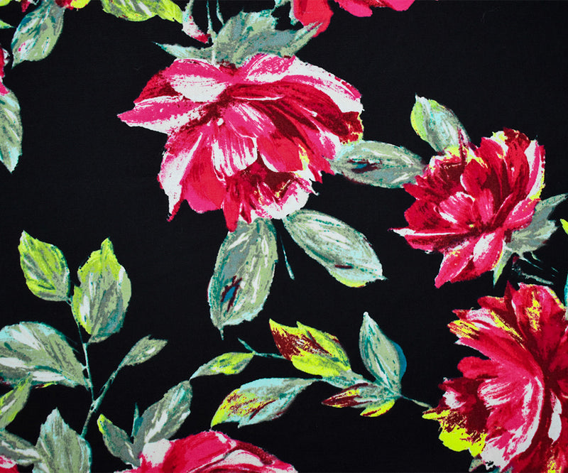 Black-Pink-Multi Cotton Floral Printed Stretch Spandex Poplin Woven Fabric