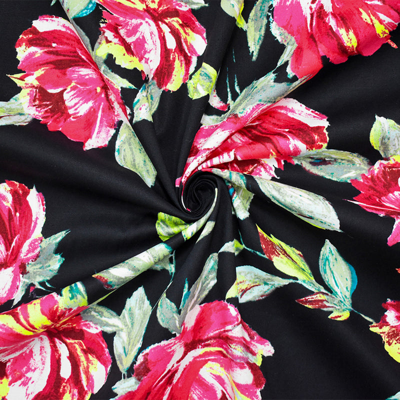 Black-Pink-Multi Cotton Floral Printed Stretch Spandex Poplin Woven Fabric