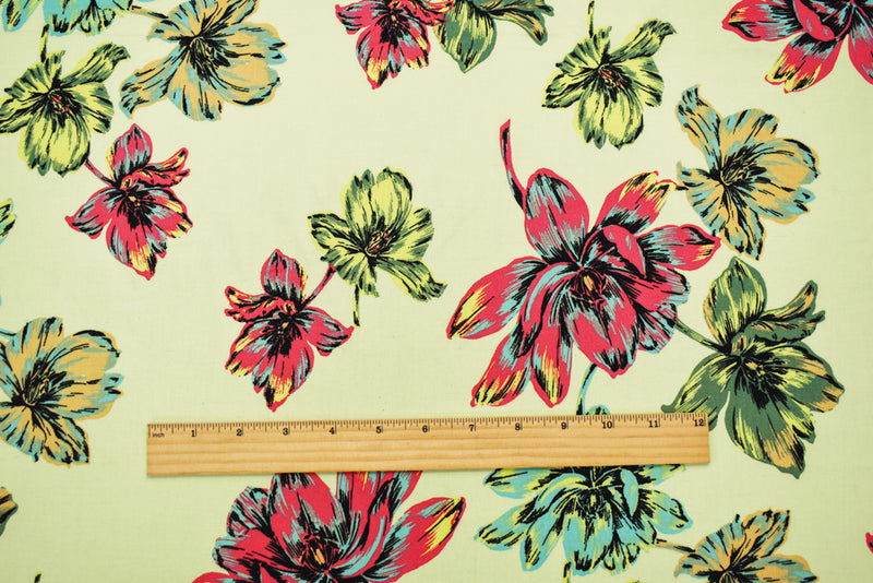 Light Yellow-Multi Cotton Floral Print Stretch Spandex Poplin Woven Fabric
