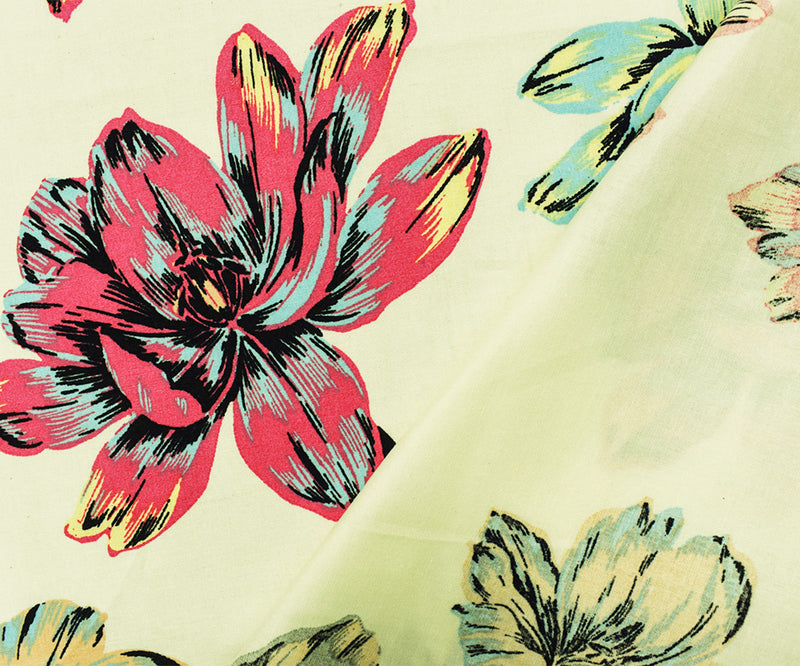 Light Yellow-Multi Cotton Floral Print Stretch Spandex Poplin Woven Fabric