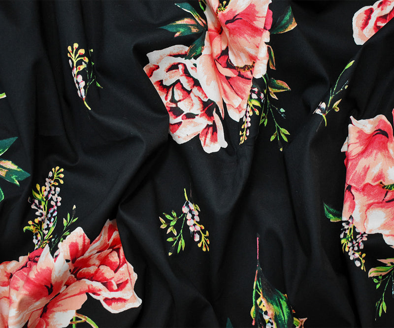 Black-Pink-Multi Cotton Floral Printed Stretch Spandex Poplin Woven Fabric