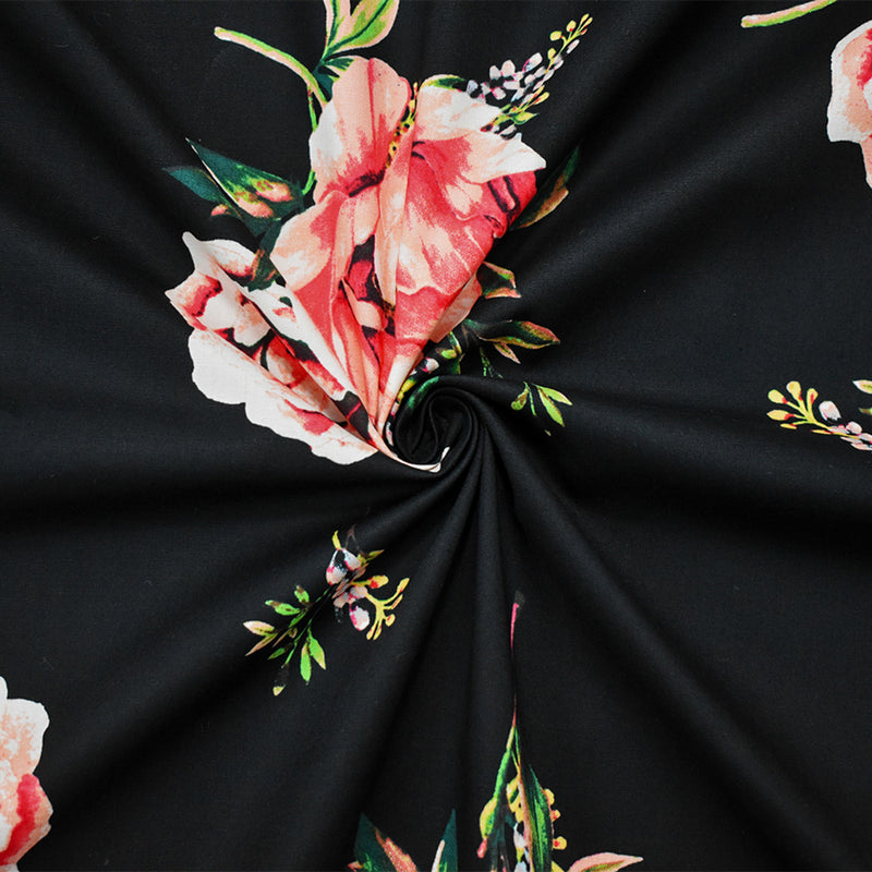 Black-Pink-Multi Cotton Floral Printed Stretch Spandex Poplin Woven Fabric