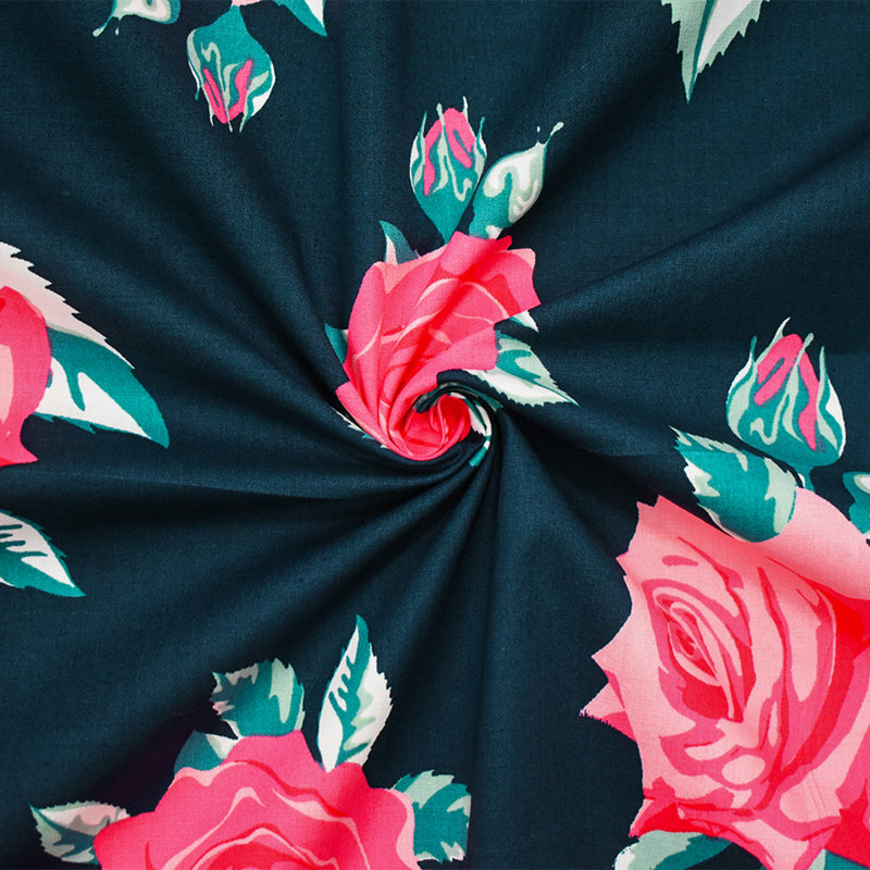 Navy-Pink-Multi Cotton Floral Printed Stretch Spandex Poplin Woven Fabric