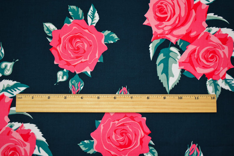 Navy-Pink-Multi Cotton Floral Printed Stretch Spandex Poplin Woven Fabric