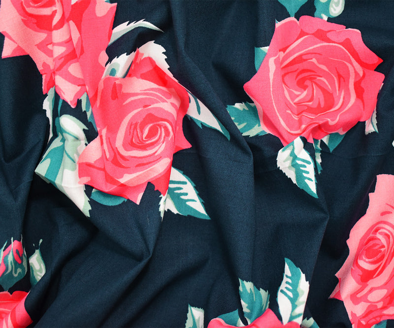 Navy-Pink-Multi Cotton Floral Printed Stretch Spandex Poplin Woven Fabric