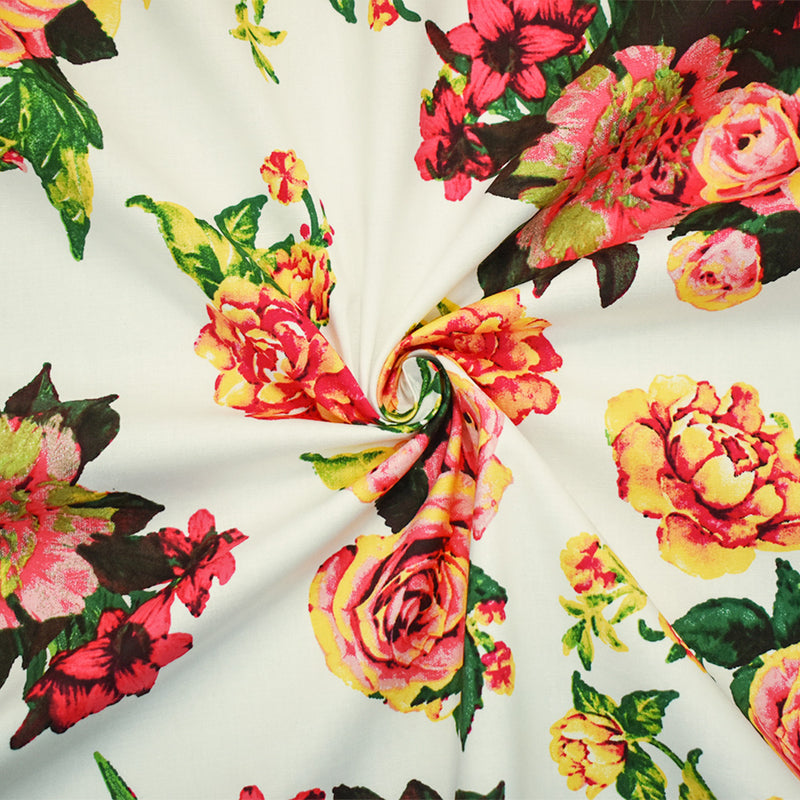2 YD PC-White-Pink-Multi Cotton Floral Print Stretch Spandex Poplin Woven Fabric