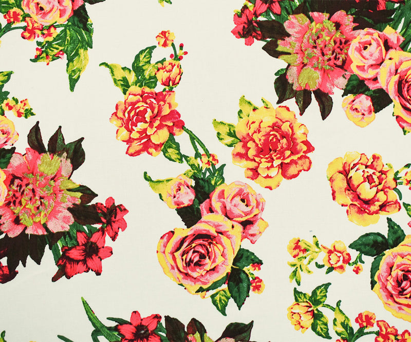 2 YD PC-White-Pink-Multi Cotton Floral Print Stretch Spandex Poplin Woven Fabric