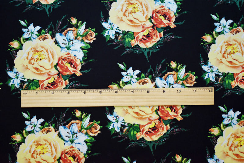 Black-Yellow-Multi Cotton Floral Printed Stretch Spandex Woven Fabric
