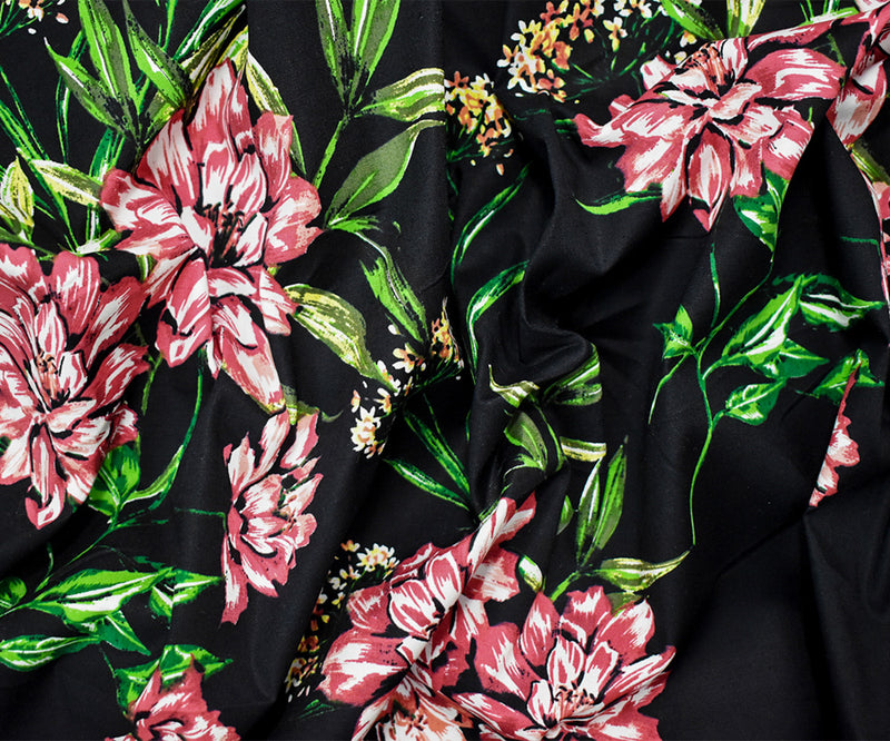 Black-Red-Multi Cotton Floral Printed Stretch Spandex Poplin Woven Fabric