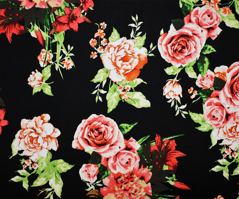 Black-Pink-Multi Cotton Floral Print Stretch Spandex Poplin Woven Fabric