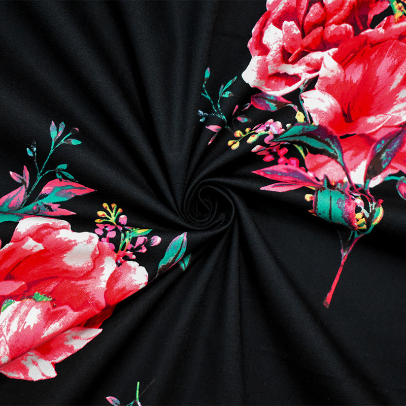 Pink-Black-Multi Cotton Floral Print Stretch Spandex Poplin Woven Fabric