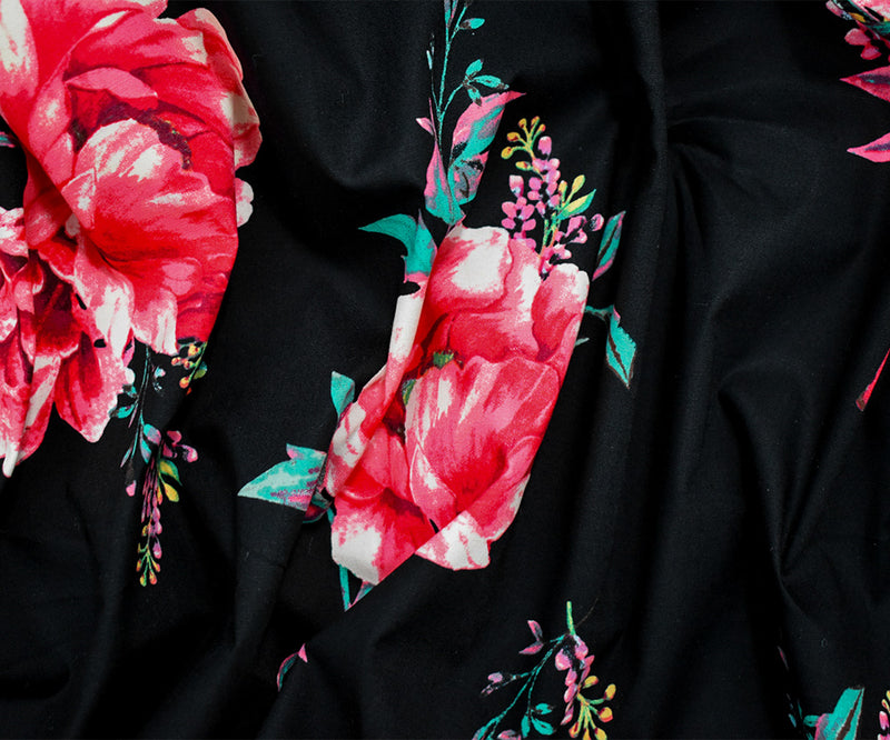Pink-Black-Multi Cotton Floral Print Stretch Spandex Poplin Woven Fabric