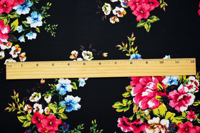 Black-Red-Blue Cotton Stretch Spandex Floral Print Poplin Woven Fabric