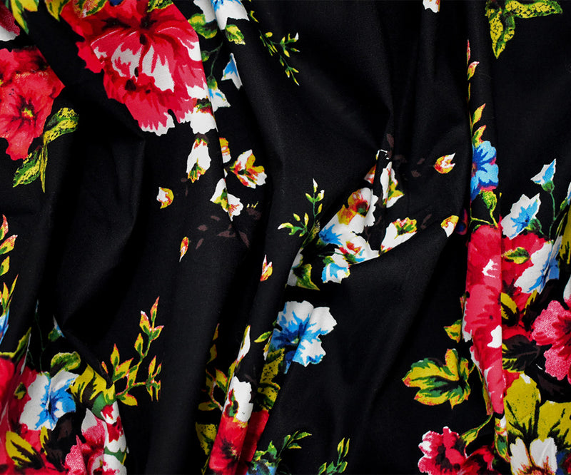 Black-Red-Blue Cotton Stretch Spandex Floral Print Poplin Woven Fabric