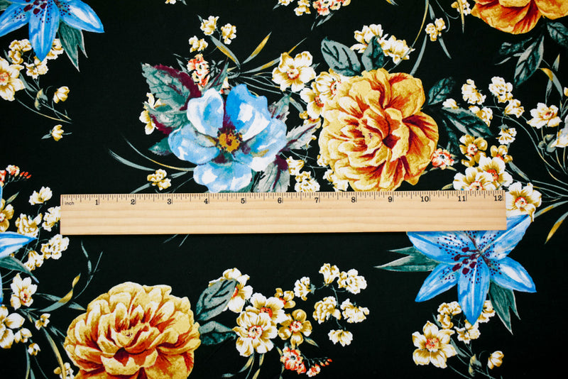 Black-Blue-Multi Cotton Stretch Spandex Floral Print Poplin Woven Fabric
