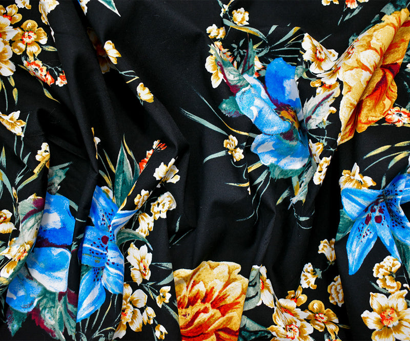 Black-Blue-Multi Cotton Stretch Spandex Floral Print Poplin Woven Fabric