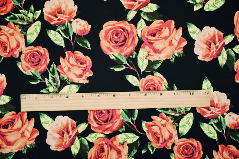 Black-Orange-Multi Cotton Stretch Spandex Floral Print Poplin Woven Fabric