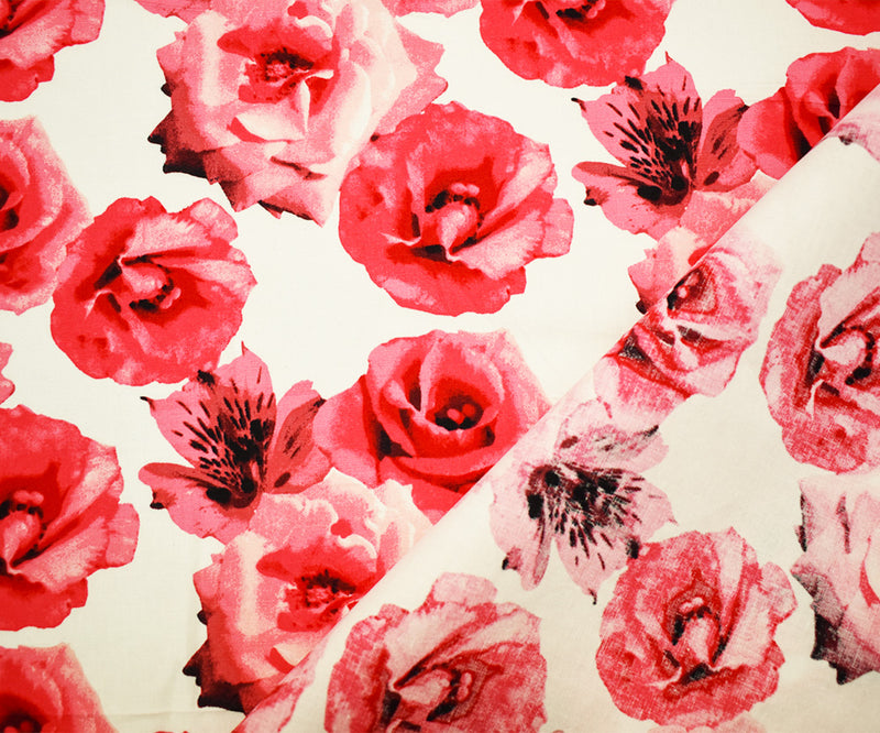 2 YD PC-Pink-Off-White Cotton Stretch Spandex Floral Printed Poplin Woven Fabric