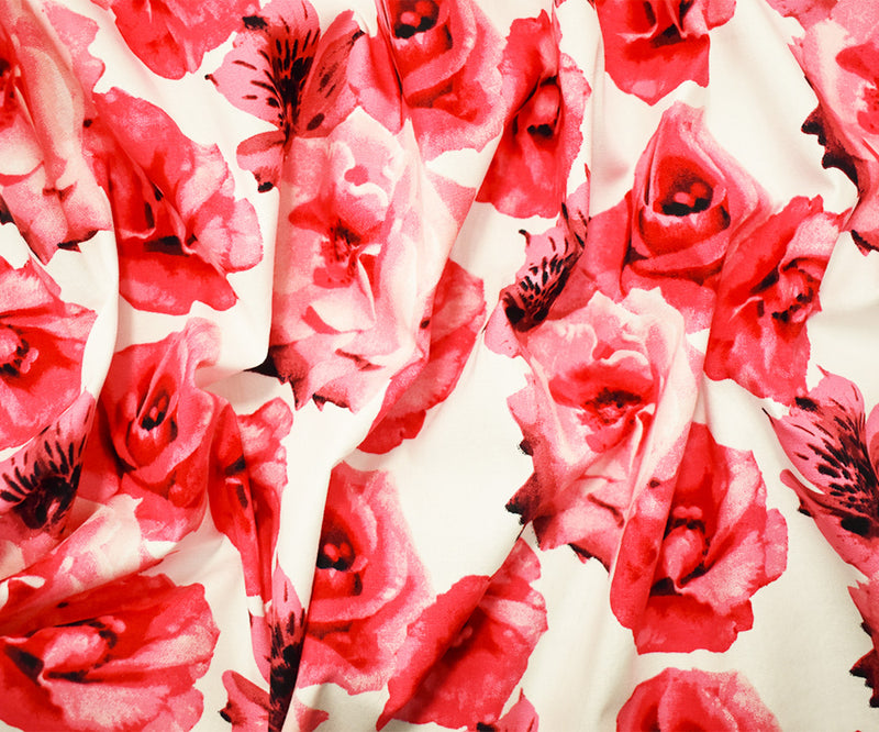 Pink-Off-White Cotton Stretch Spandex Floral Printed Poplin Woven Fabric