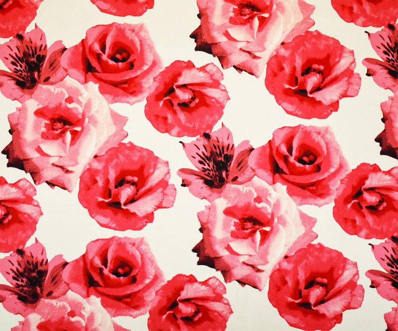 2 YD PC-Pink-Off-White Cotton Stretch Spandex Floral Printed Poplin Woven Fabric