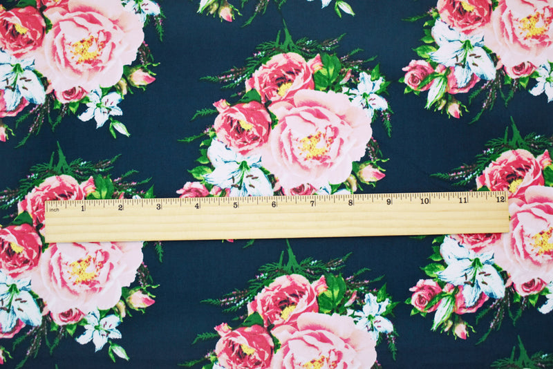 Blue-Pink-Multi Cotton Stretch Spandex Floral Printed Poplin Woven Fabric