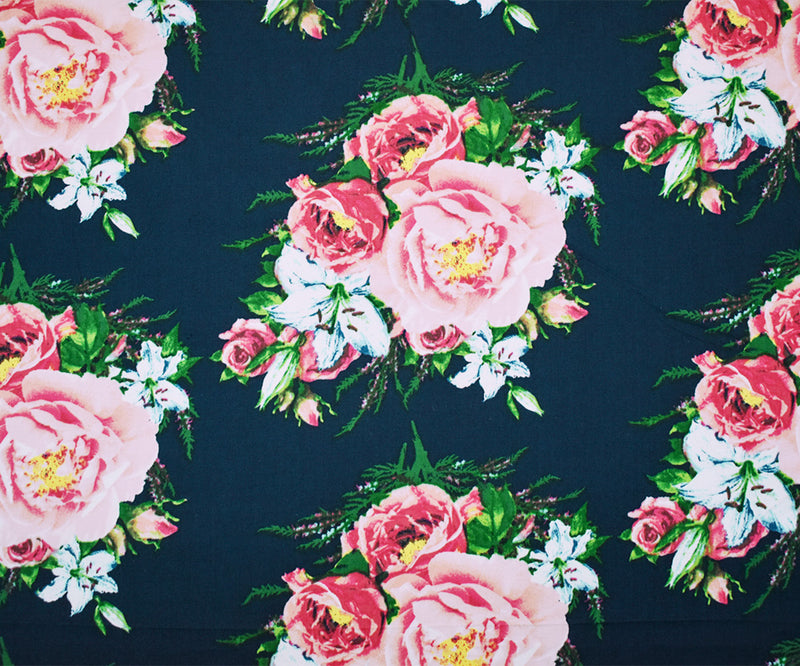 Blue-Pink-Multi Cotton Stretch Spandex Floral Printed Poplin Woven Fabric