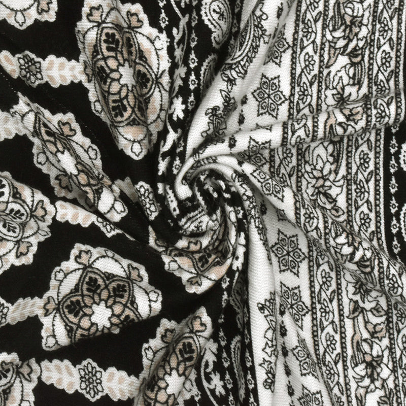 Ivory-Black-Beige Mix Pattern Printed Rayon Stretch Jersey Knit Fabric