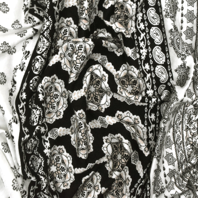 Ivory-Black-Beige Mix Pattern Printed Rayon Stretch Jersey Knit Fabric