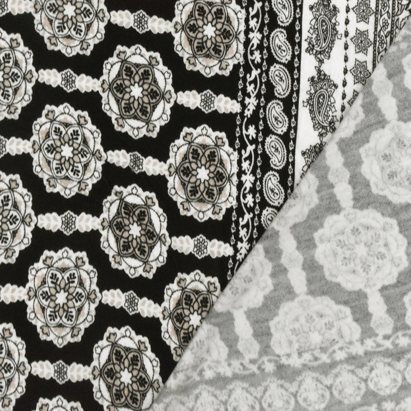 Ivory-Black-Beige Mix Pattern Printed Rayon Stretch Jersey Knit Fabric