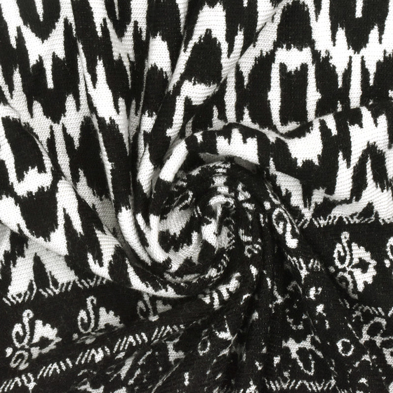 Black-White Pillar And Aztec Printed Rayon Stretch Jersey Knit Fabric