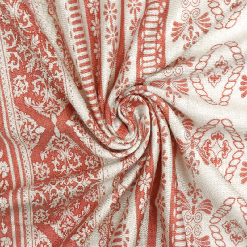 Ivory-Rose Pink Pillar Printed Rayon Stretch Jersey Knit Fabric