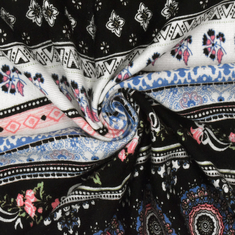 Black-White-Multi Moroccan Stripe Printed Stretch Rayon Jersey Knit Fabric