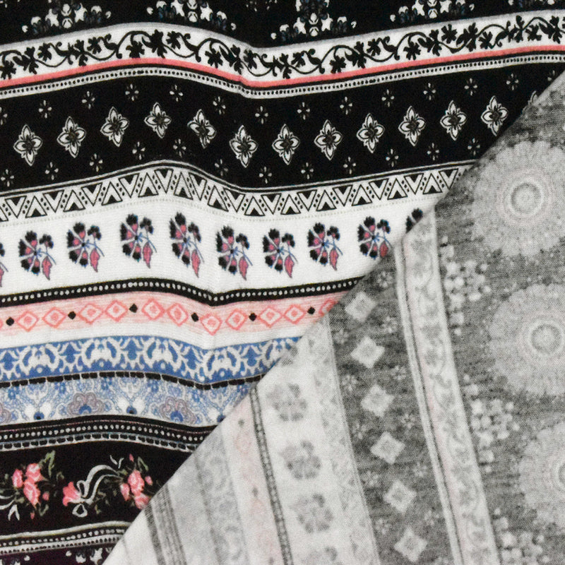 Black-White-Multi Moroccan Stripe Printed Stretch Rayon Jersey Knit Fabric