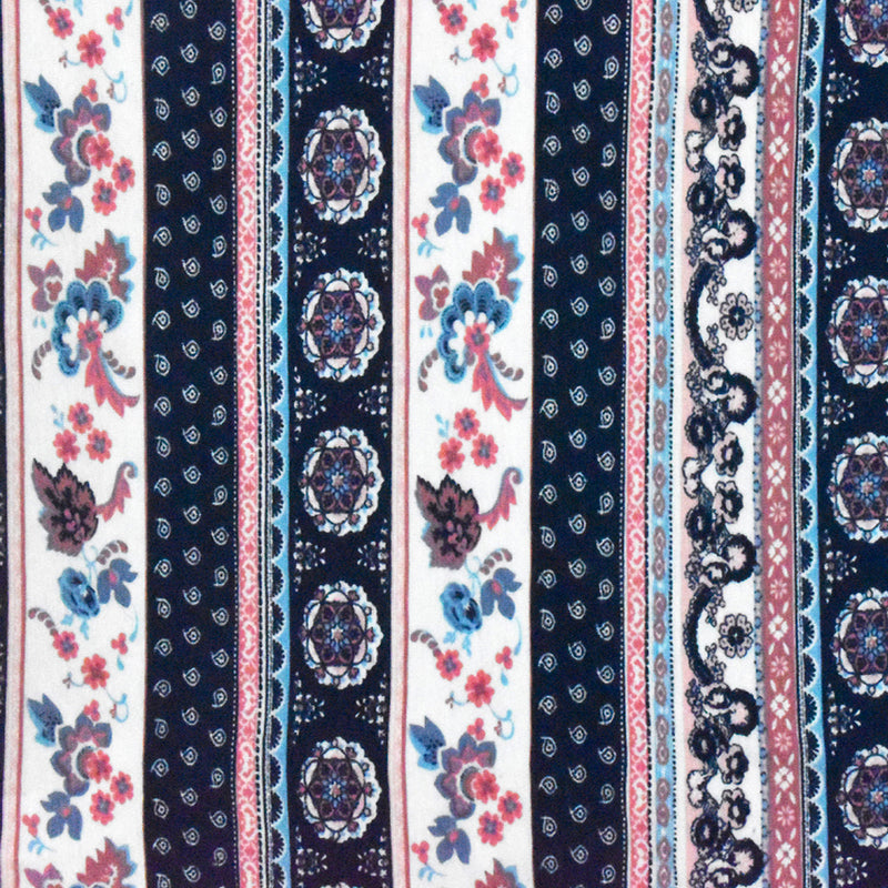Navy Blue-White-Multi Moroccan Stripe Printed Rayon Stretch Jersey Knit Fabric