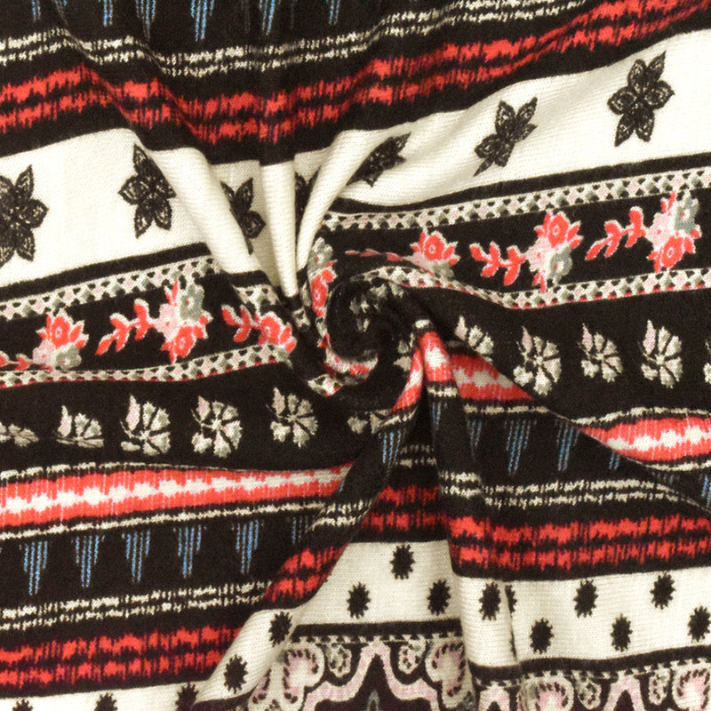 Black-Ivory-Multi Moroccan Stripe Printed Stretch Rayon Jersey Knit Fabric