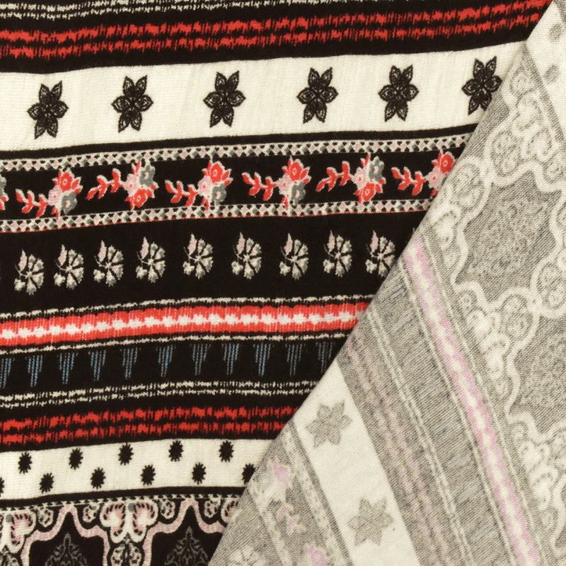 Black-Ivory-Multi Moroccan Stripe Printed Stretch Rayon Jersey Knit Fabric