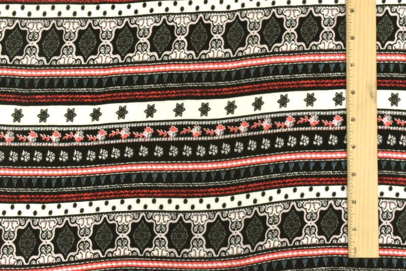 Black-Ivory-Multi Moroccan Stripe Printed Stretch Rayon Jersey Knit Fabric