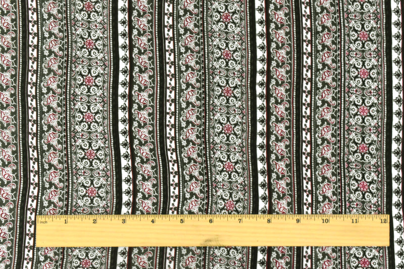 Olive-Multi Mix Pattern Stripe Printed Rayon Stretch Jersey Knit Fabric