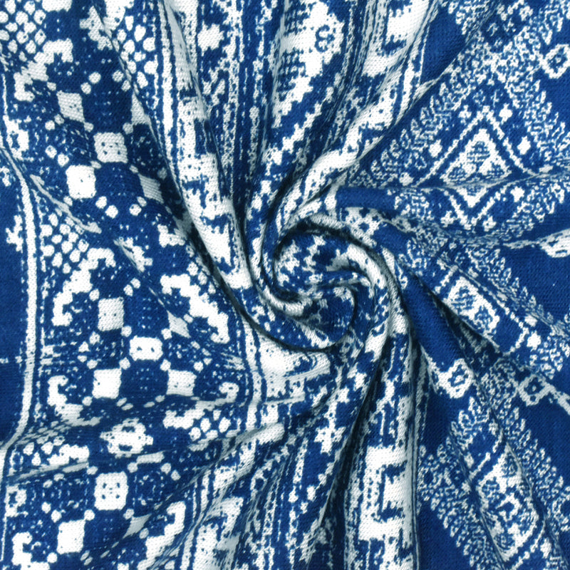 Ink Blue-White Aztec Printed Stretch Rayon Jersey Knit Fabric