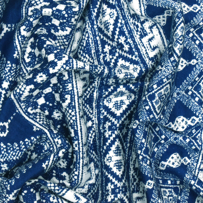 Ink Blue-White Aztec Printed Stretch Rayon Jersey Knit Fabric