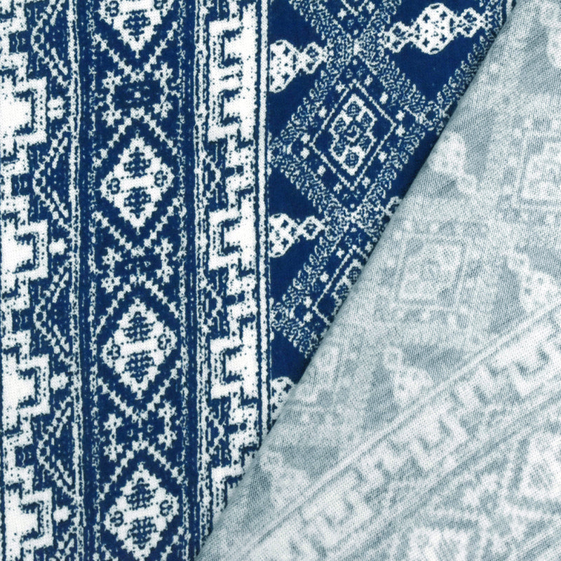 Ink Blue-White Aztec Printed Stretch Rayon Jersey Knit Fabric