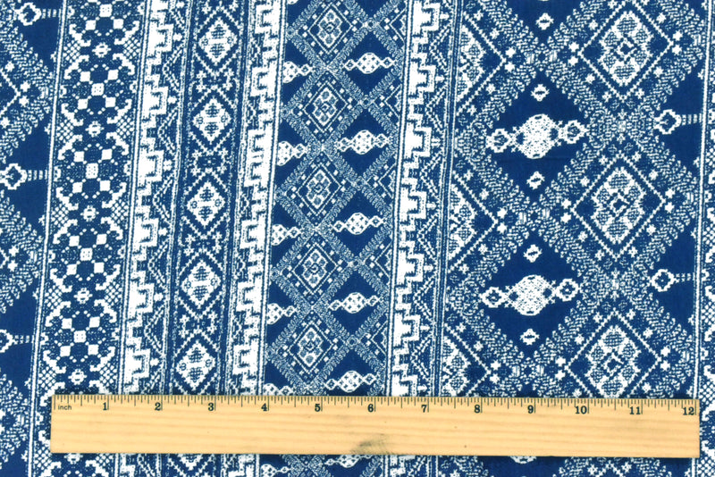 Ink Blue-White Aztec Printed Stretch Rayon Jersey Knit Fabric