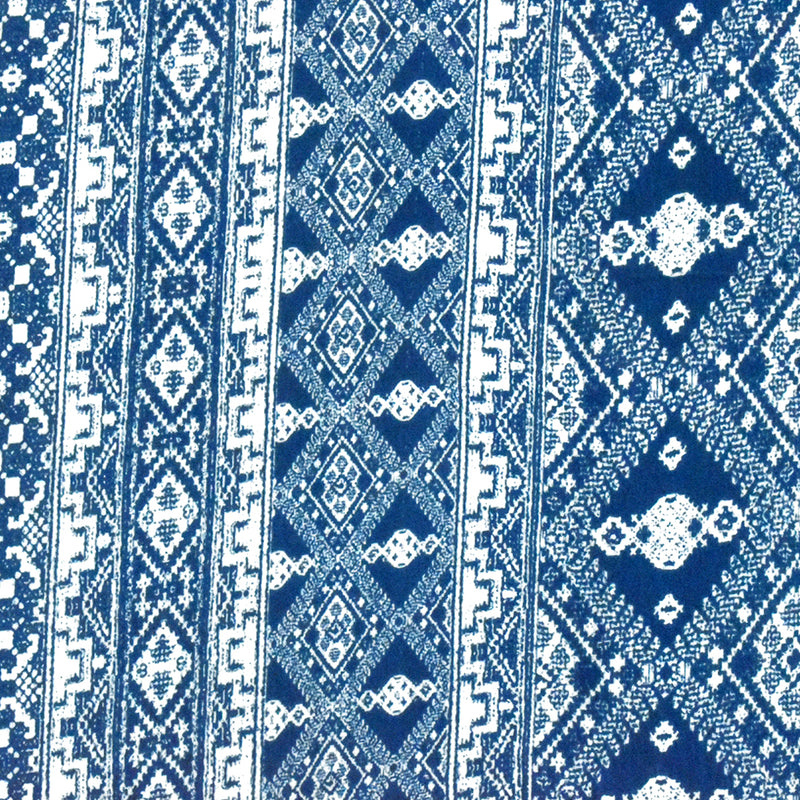 Ink Blue-White Aztec Printed Stretch Rayon Jersey Knit Fabric