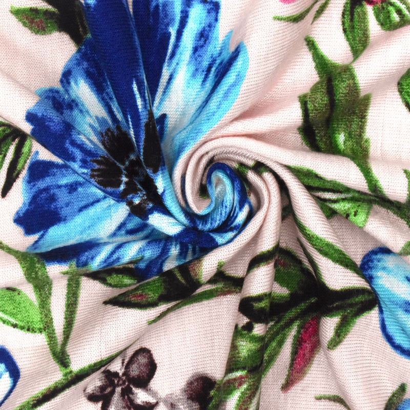 Powder Pink-Multi Floral Printed Slub Stretch Rayon Jersey Knit Fabric
