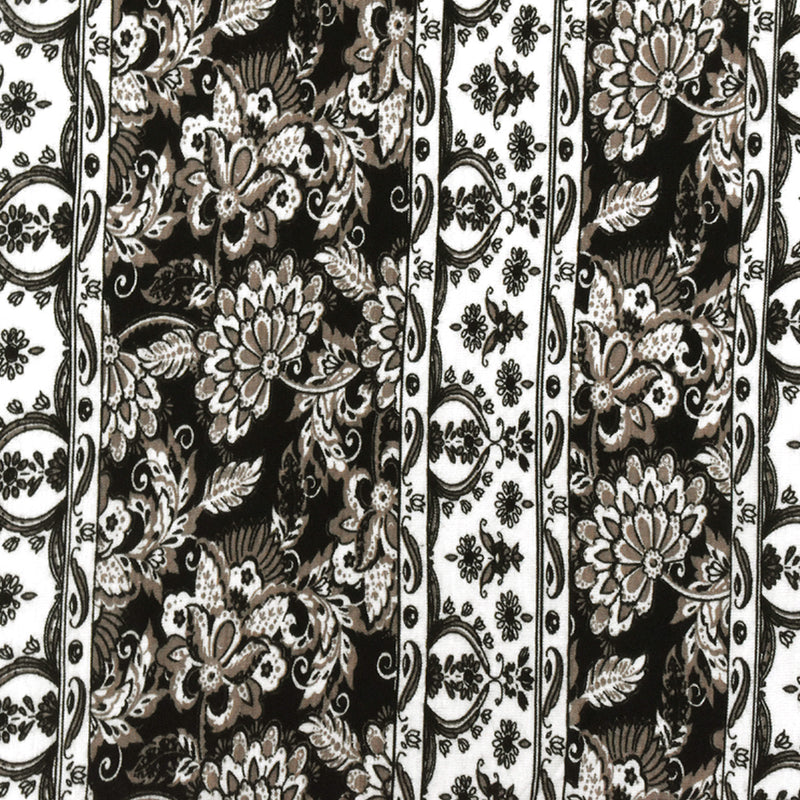 White-Taupe-Black Striped Floral Printed Rayon Stretch Jersey Knit Fabric